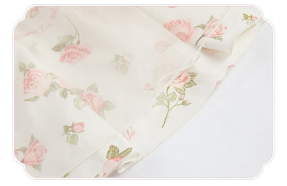 Pink Rosette Print White Illusion Neckline Summer Lolita Dress
