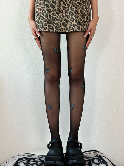 Nude/White/Black Butterfly Details Tights