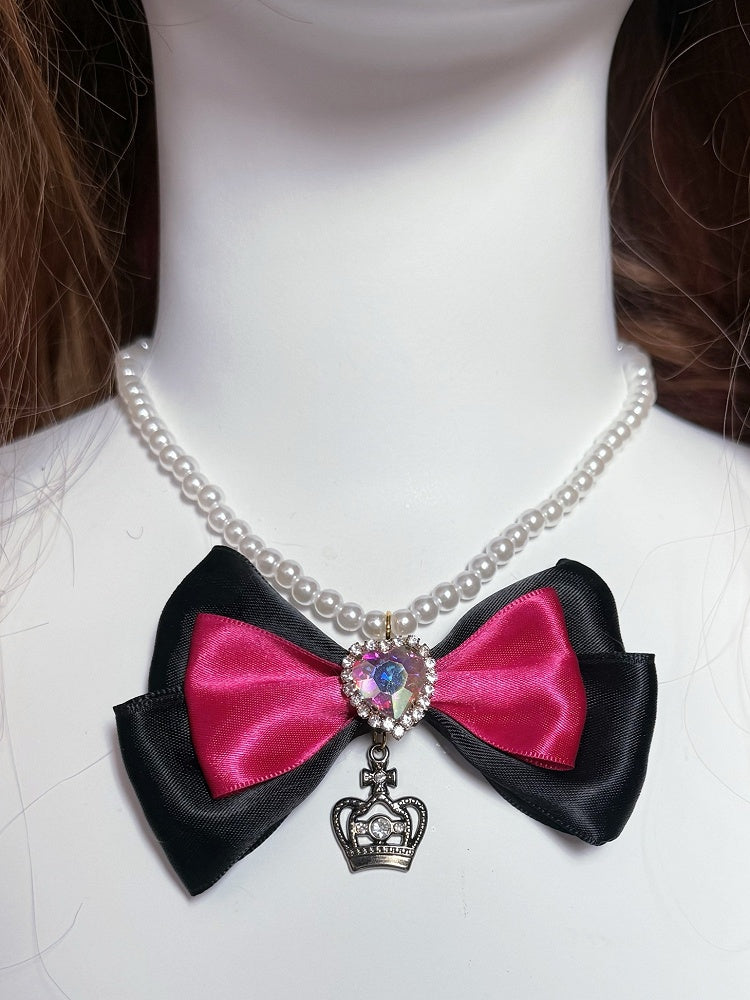 Black&Pink Rhinestone Heart Decorated Lace Trim Bowknot Haiclip + Bowknot Pendant Beaded Necklace + Bowknot Ring