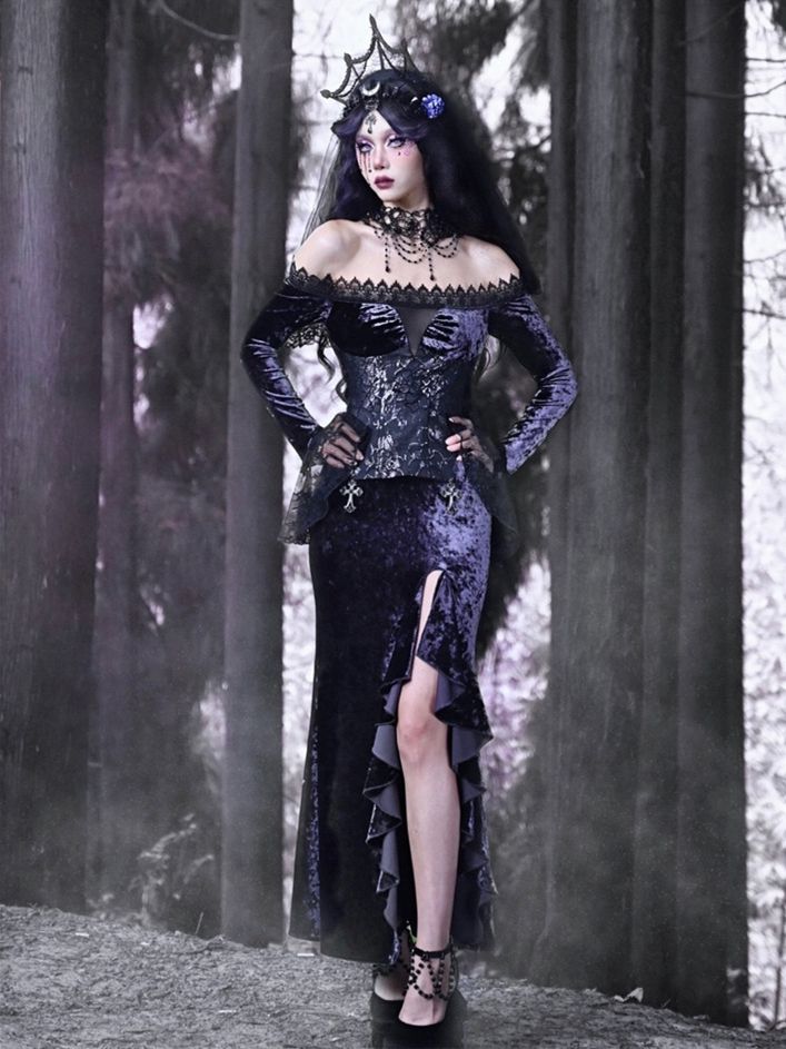 Gothic Purple Velvet High Slit Mermaid Dress
