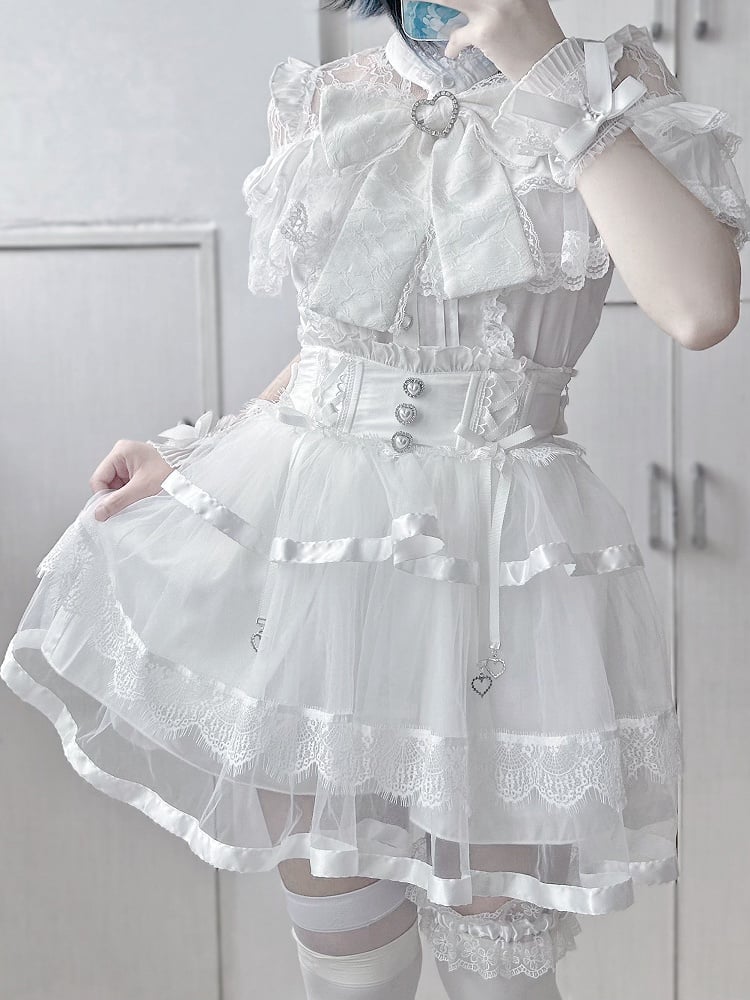Clearance-Size M for Bust 90CM Jirai Kei White Illusion Neckline Tiered Ruffles Heart Buttons Short Sleeves Blouse with Big Bow