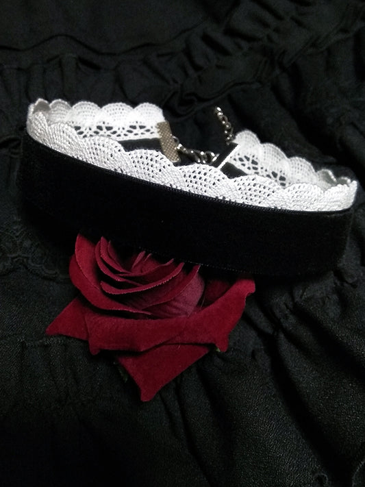 Black/Wine Red Gothic Velvet Choker Cotton Lace Trim