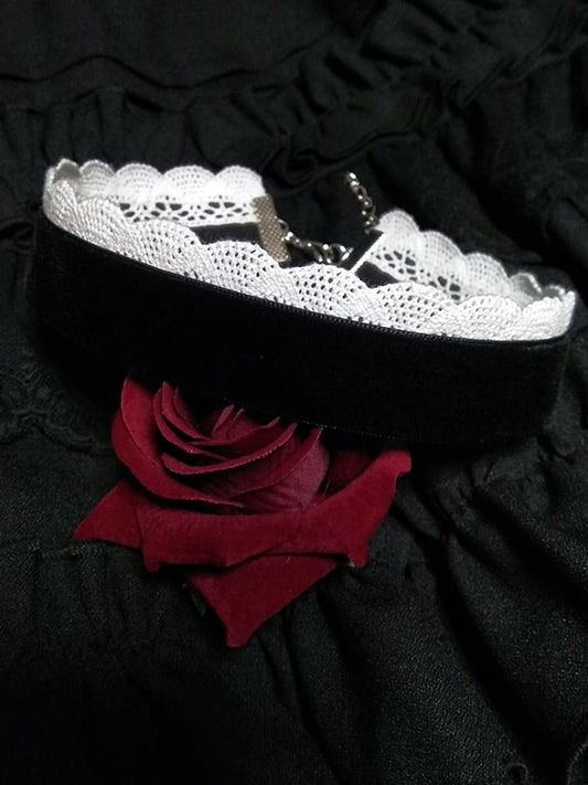Black/Wine Red Gothic Velvet Choker Cotton Lace Trim