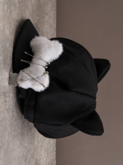 Black Gothic Pin Decorated Plush Bone Design Cat Ear Beret Hat