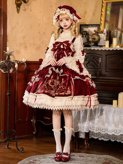 Bows Decoration Candle Embroidery Red Velvet Dress Lolita JSK / Set