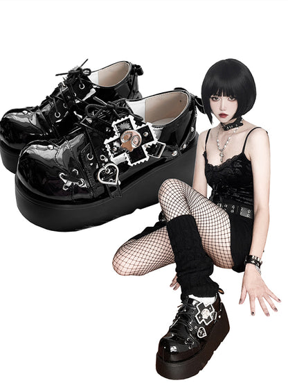 Punk Skull Polished Black Gothic Platforms Silver-tone Spike Studs