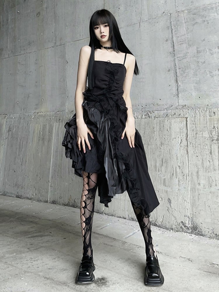 Black Asymmetrical Hem Flounce Trim Glamorous Cami Dress