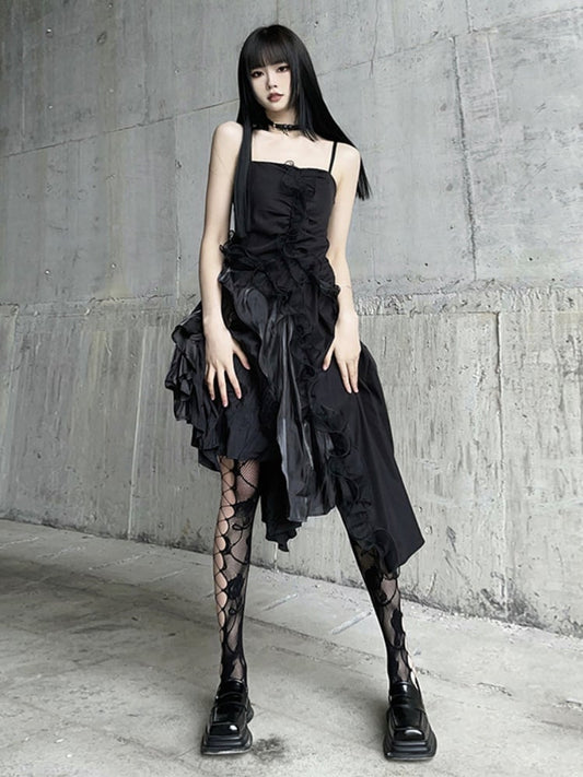 Black Asymmetrical Hem Flounce Trim Glamorous Cami Dress
