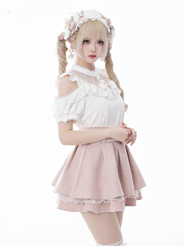 Jirai Kei White Illusion Neckline Cutout Shoulder Short Sleeve Blouse with Free Bowtie