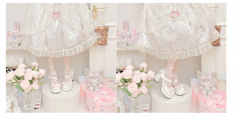 White and Pink Bow Accents Sweet High Block Heel Mary Janes Ankle Strap