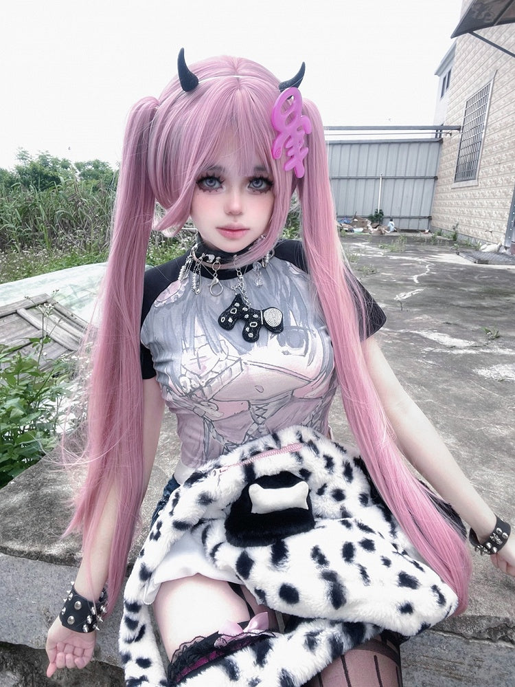 Black Cartoon Girl Print Graphic T-shirt