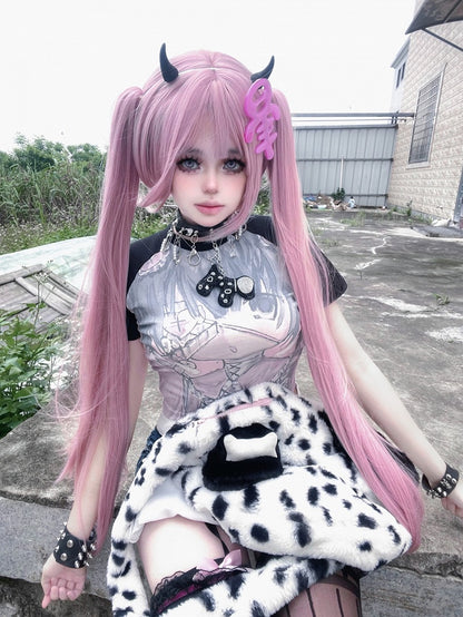 Black Cartoon Girl Print Graphic T-shirt