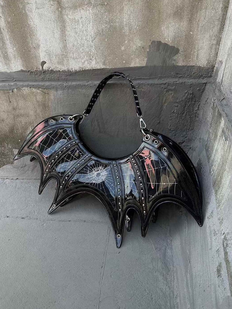 Gothic Spiderweb Print Black Studs Bat Tote Bag with Three Straps