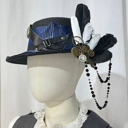 Black and Dark Blue Steampunk Top Hat with Feather and Gear Bead Chain
