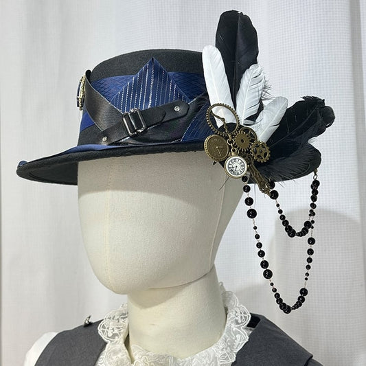 Black and Dark Blue Steampunk Top Hat with Feather and Gear Bead Chain