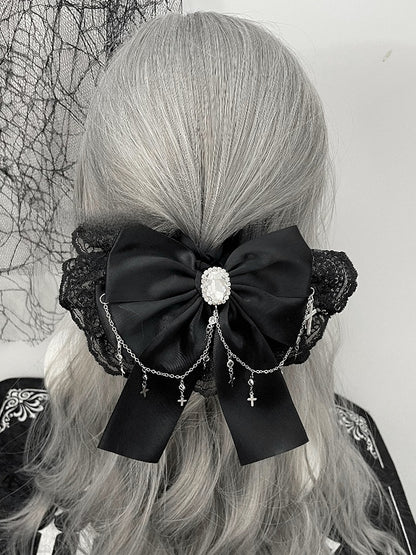 Black/Beige Cross Charm Rhinestone Decorated Lace Trim Bowknot Hair Tie