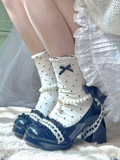 Black Bow Accent Detachable Beaded Chain Lolita Block Heels