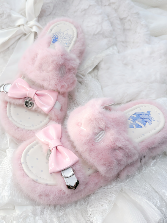 Rebellious Kitten Embroidery Slippers - Jirai Kei Pink Plush Platform with Bow & Heart Charm