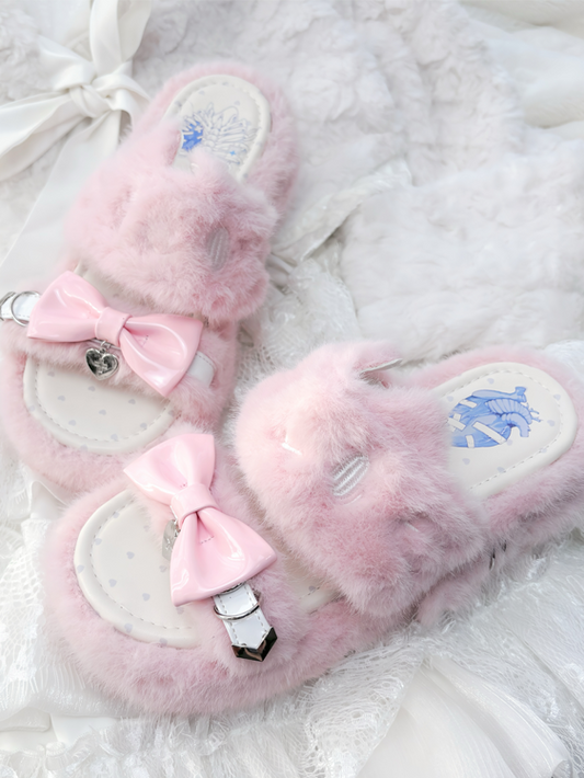 Rebellious Kitten Embroidery Slippers - Jirai Kei Pink Plush Platform with Bow & Heart Charm