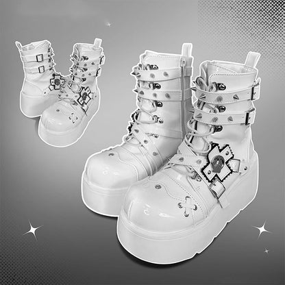 Metal Skull Polished White Punk Wedge Platform Boots Spike Stud Detailing