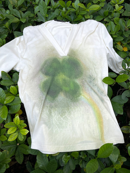 White Sweet Serenity Top with Green Clover Print