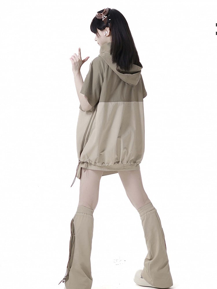 Khaki Colorblock Lightning Embroidery Drawstring Hem Techwear Hooded T-shirt