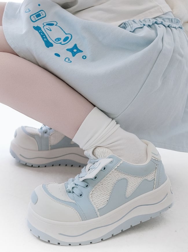Light Blue Tenshi Kaiwai Anchor And Fish Bone Decorated Front Lace-up Ties Platform Sneakers