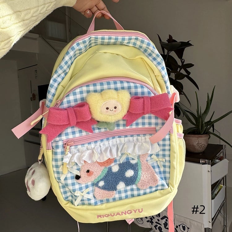 Yellow & Blue Plaid Preppy & Sporty Backpack with Plush Puppy Applique