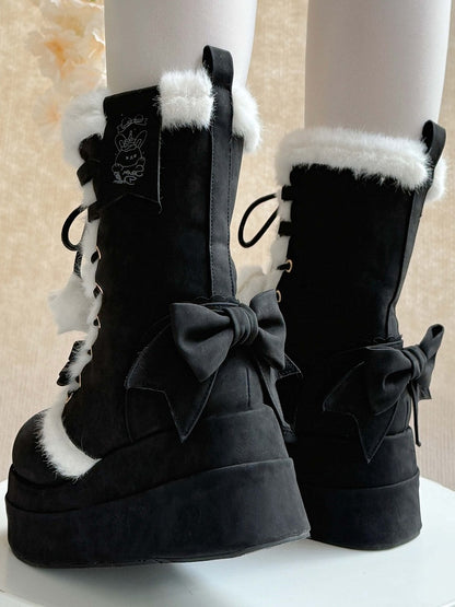 Plush Lined & Romantic Bow Accents Platform Black Boots in Sweet Lolita