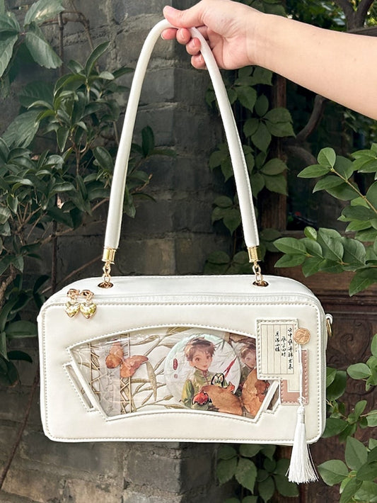 White Embroidered Bamboo Leaf Cheongsam Style Ita Shoulder Bag with Fringe Charm