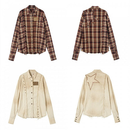 Beige Star Patch Punk Studs Faded Wash Shirt Frayed Hem