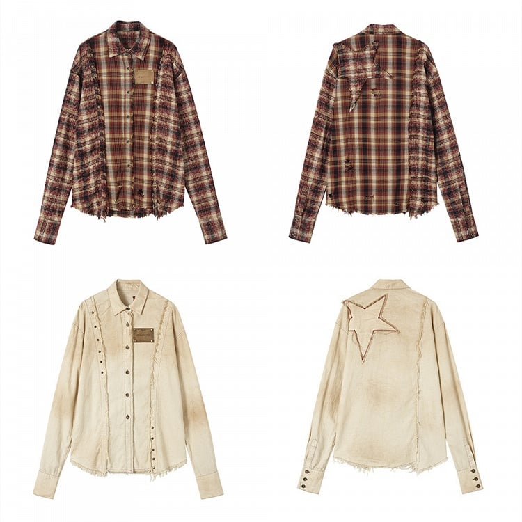 Red and Brown Plaid Punk Faded Wash Shirt Frayed Hem