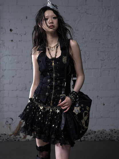 Gold Ship Anchor Print Punk Distressed Design Black/White PVC Crossbody Bag