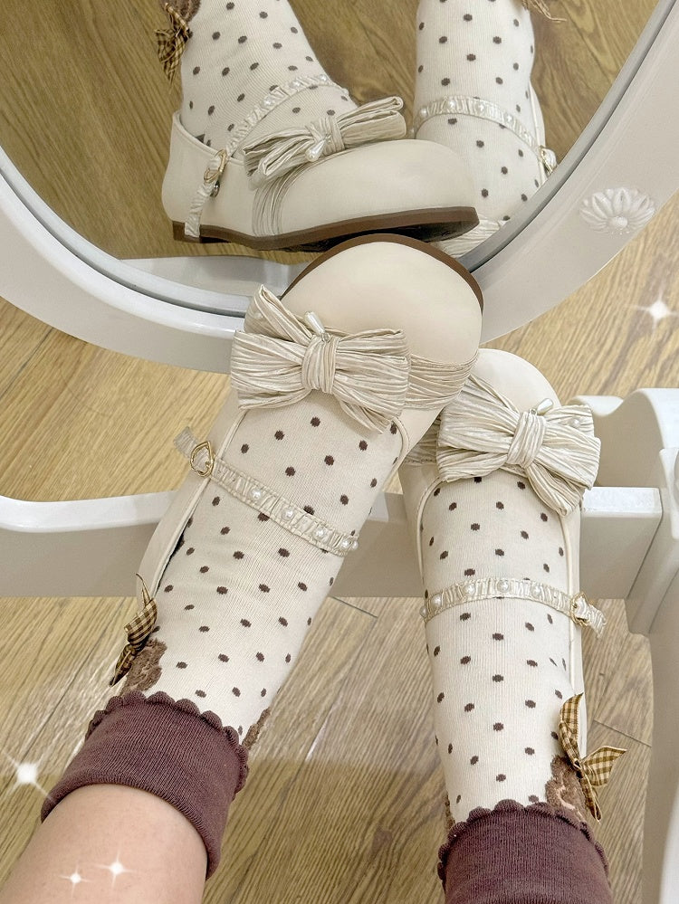 Creamy White Beaded Decorated Bow at Top Heart Buckle Round Toe Lolita Shoes