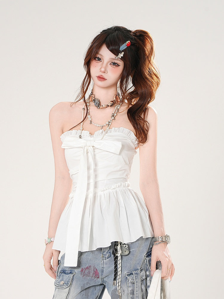 Big Bow Neckline White/Blue Plaid Strapless Top