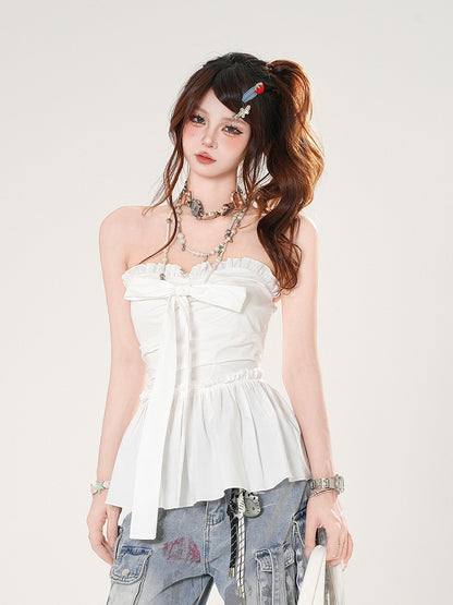 Big Bow Neckline White/Blue Plaid Strapless Top