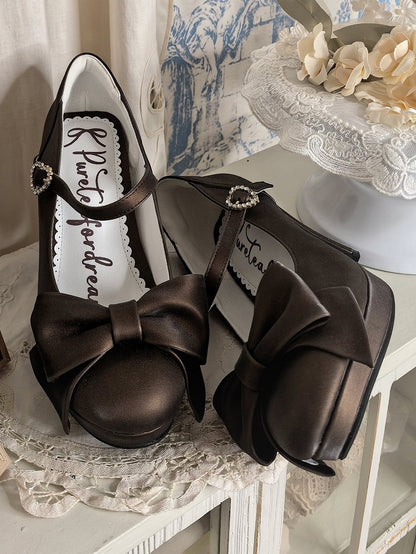 Brown PU Leather High-heel Shoes in Elegant Lolita with Rhinestone Heart Accent & Bow at Top