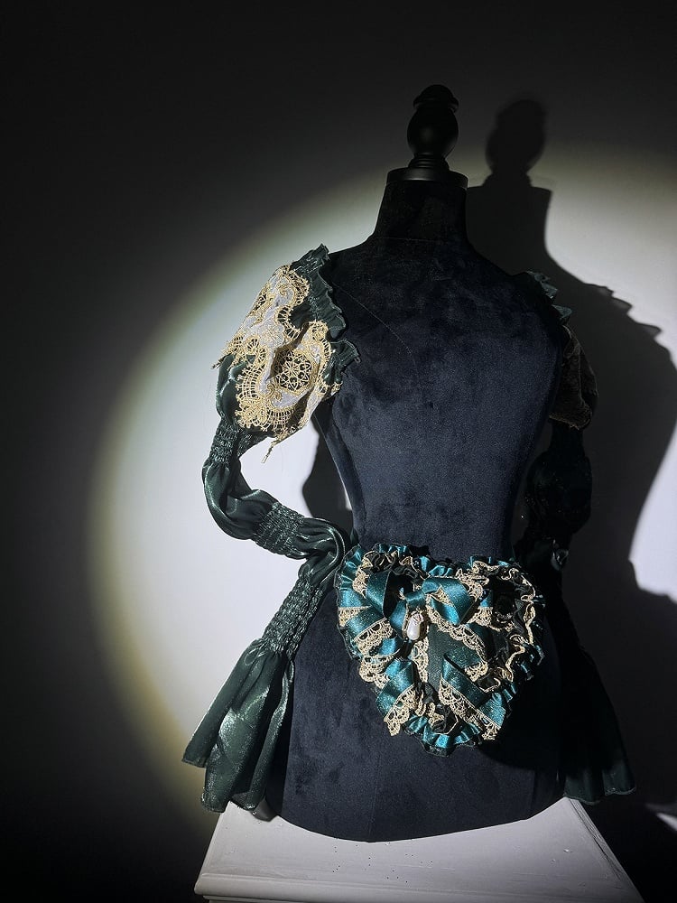 Green and Light Purple Layers Puffy Lolita Dress with Gold Lace Trim and Bow Accents