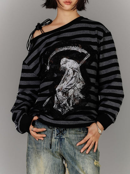 Black & Gray Stripes Drawstring Design Asymmetrical Neckline Applique Punk Top