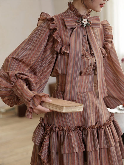 Reddish Brown Striped Pattern Vintage Bishop Sleeves Ruffle Trim Blouse