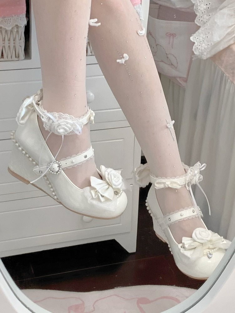 Elegant White Lolita Wedge Mary Janes - Detachable Rose Details with Bow Accents & Beads Decor