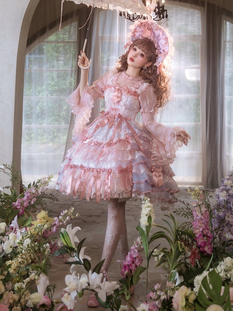 Purple and Pink Bow Accents Tiered Skirt Hanayome Hime Lolita Jumper Skirt