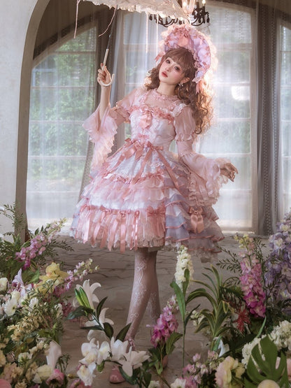 Purple and Pink Bow Accents Tiered Skirt Hanayome Hime Lolita Jumper Skirt