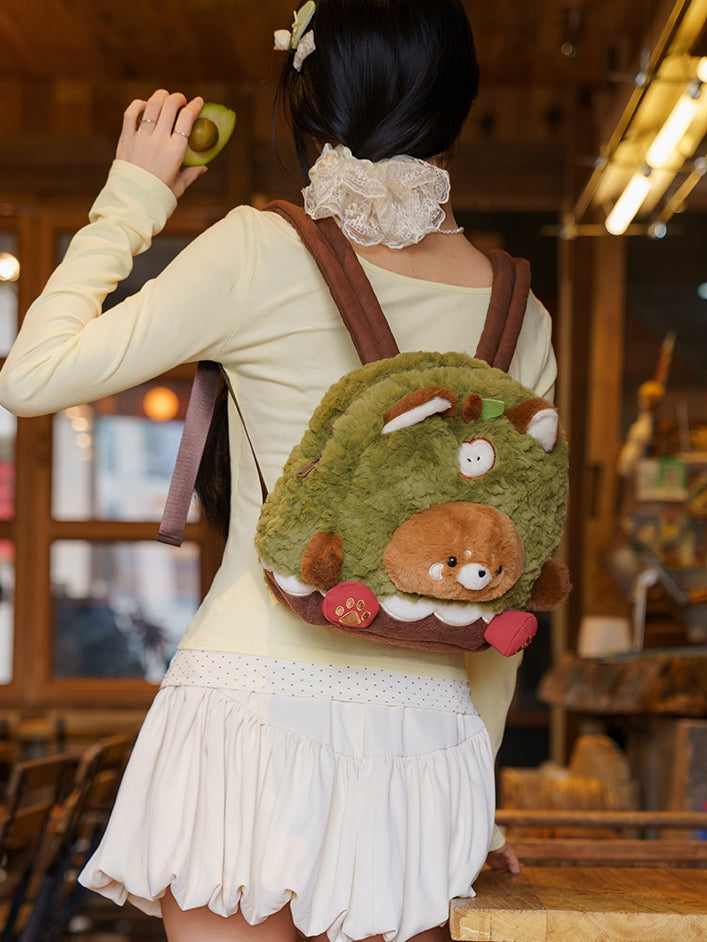 Brown&Green Apple Design Cute Plush Red Panda Backpack Middle/Large Size