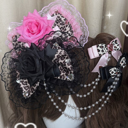 Two Pink/Black Leopard Pattern Floral Design Bead Chain Bowknot Hairclips