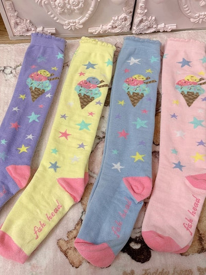 Pink/Blue/Purple/Yellow/White Lolita Ice Cream Star Print Design Calf Socks