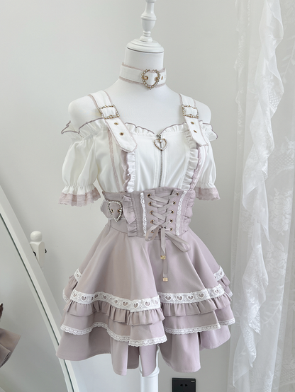 Jirai Kei Off-the-Shoulder Neckline Landmine Style White and Pink Short Sleeves Top with Free Choker