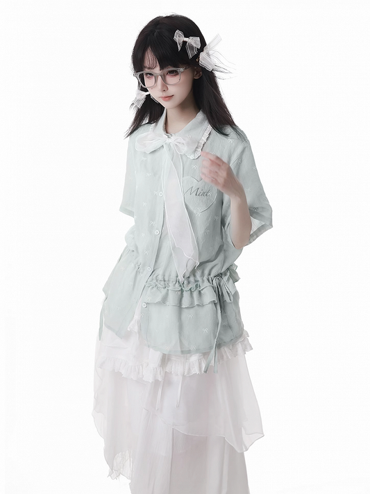 Light Green Drawstring Waist Allover Bowknot Embroidery Short Sleeves Shirt