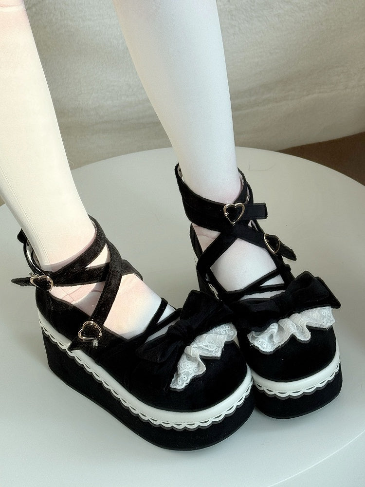 Lace Accents Bow at Top, Heart Buckle & Crisscross Straps Velvet Black Platform Shoes in Sweet Lolita