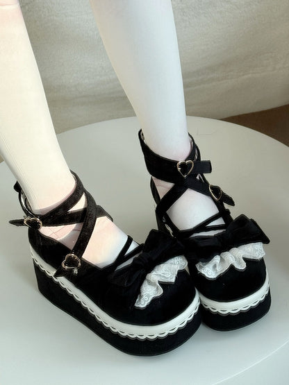 Lace Accents Bow at Top, Heart Buckle & Crisscross Straps Velvet Black Platform Shoes in Sweet Lolita